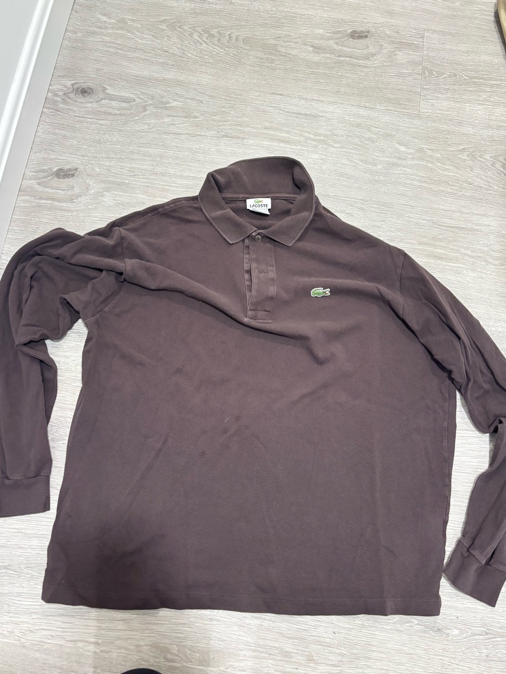 Lacoste Men’s Long Sleeve Polo Shirt - Dark Brown with Green Croc